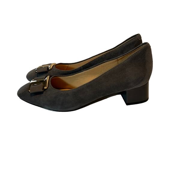 Trotters Louise Gray Suede Gold Bow Round Toe Chunky Heel 7m - Picture 4 of 10